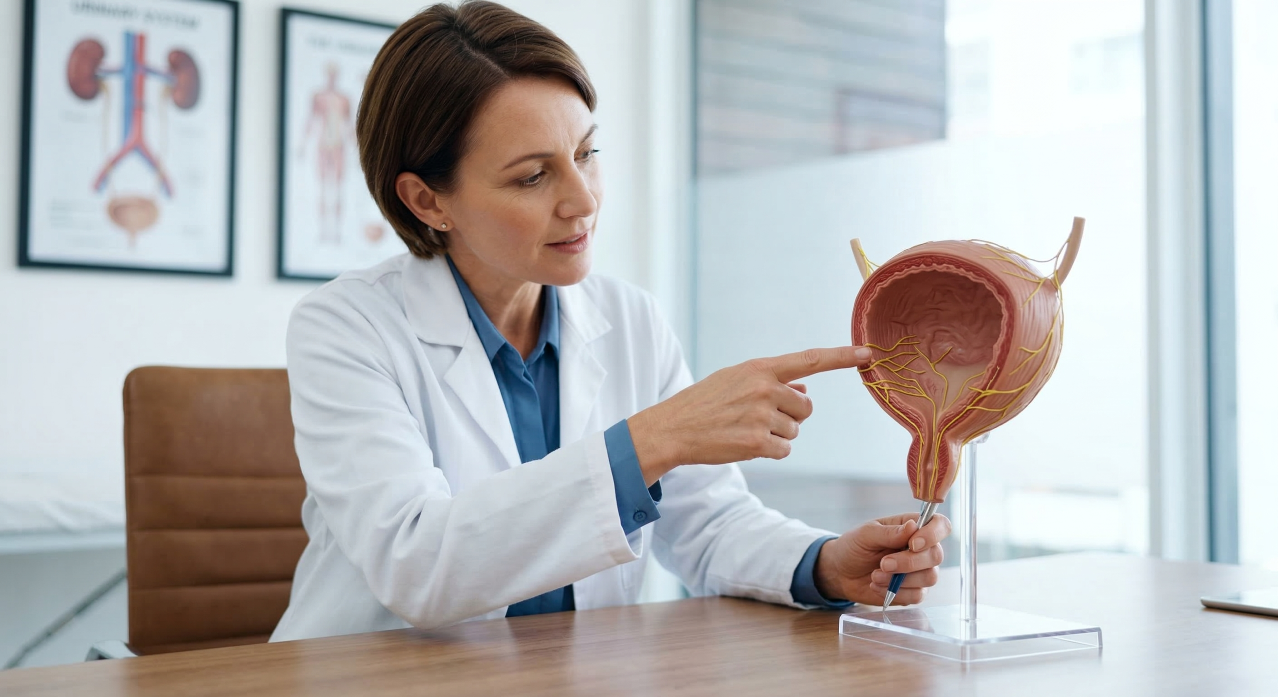 A female medical professional in a white lab coat points to details on an anatomical model of a human bladder.